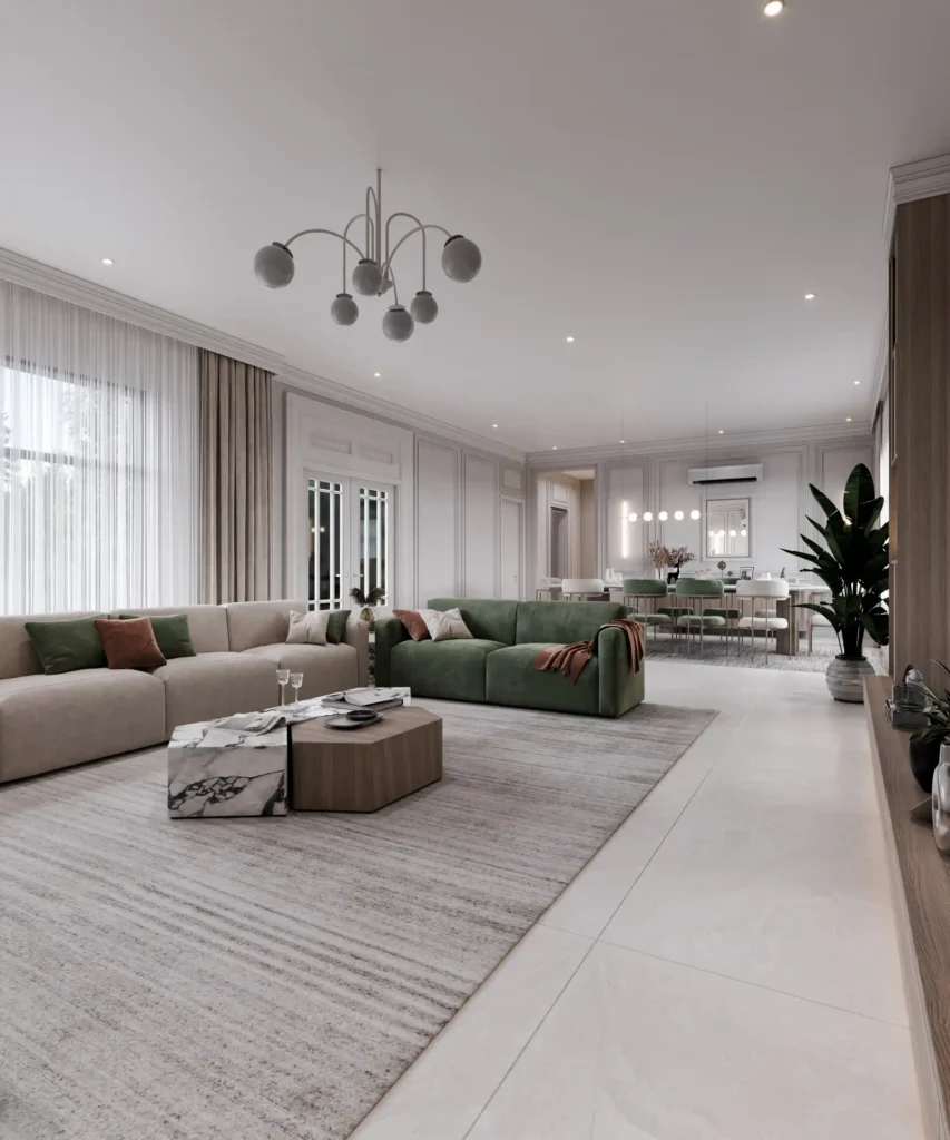 غرفة معيشة فاخرة بتصميم مودرن 2026 بألوان هادئة ومنحنيات ناعمة