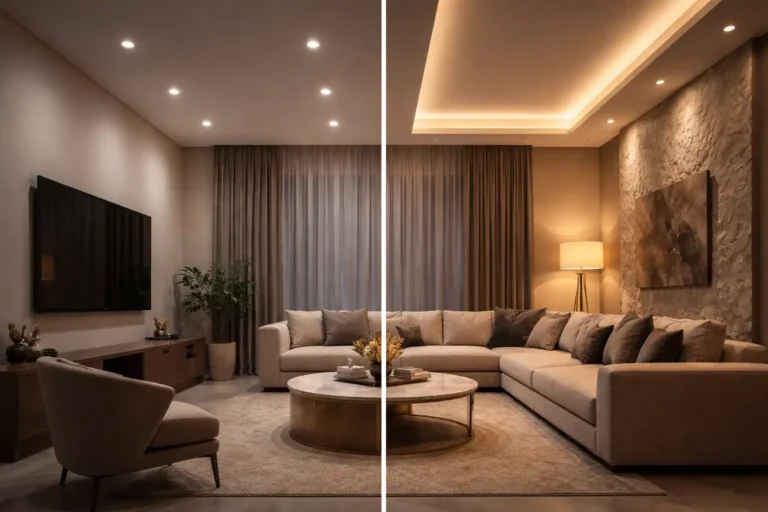 توزيع-الاضاءة-في-التصميم-الداخلي-صالة-حديثة-سبوتات-وكوف-لايت