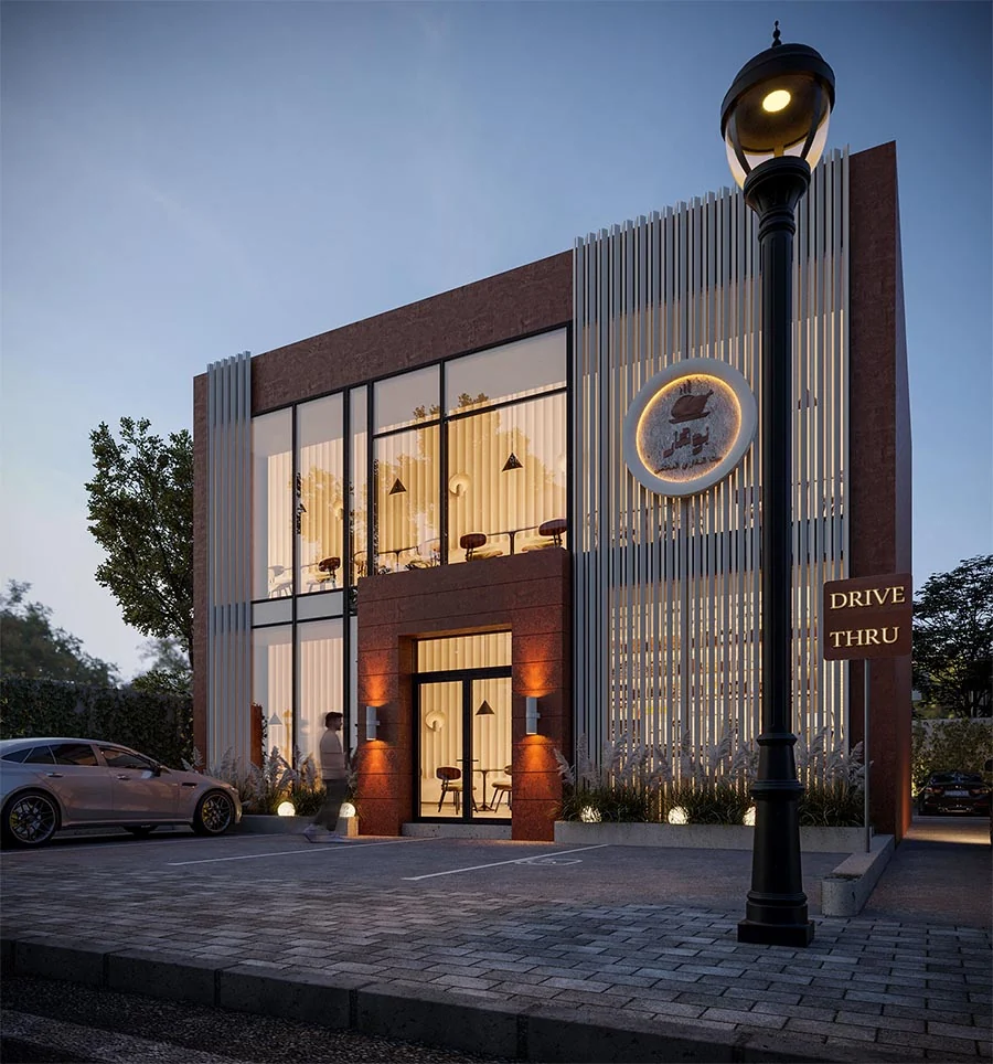 تصميم خارجى مطعم فى السعودية مودرن بهارو