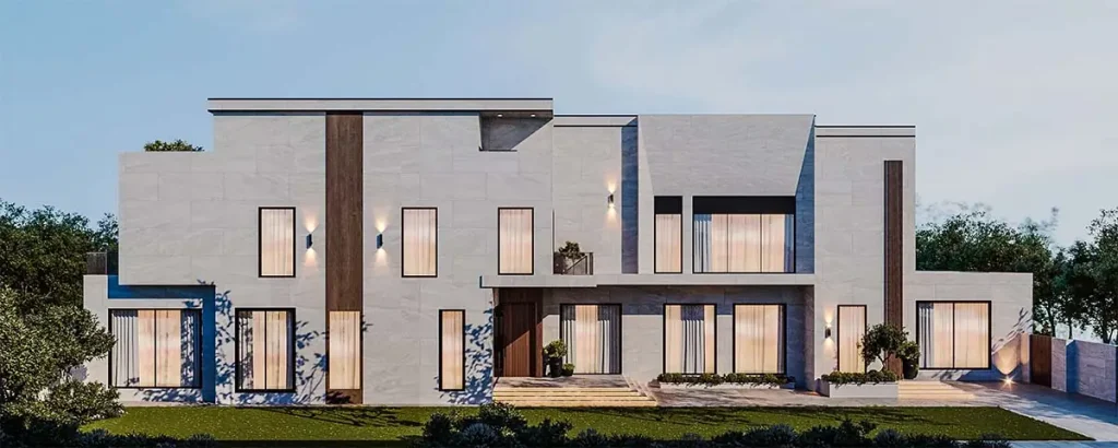 تصميم خارجي فيلا سكنية مودرن في السعودية بخامات حجر حديثة