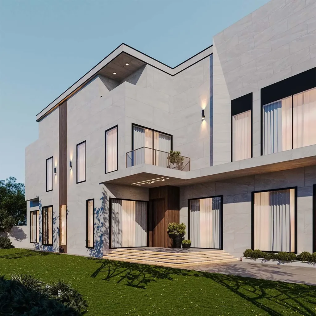 تصميم خارجي مودرن لفيلا سكنية باستخدام الحجر الطبيعي