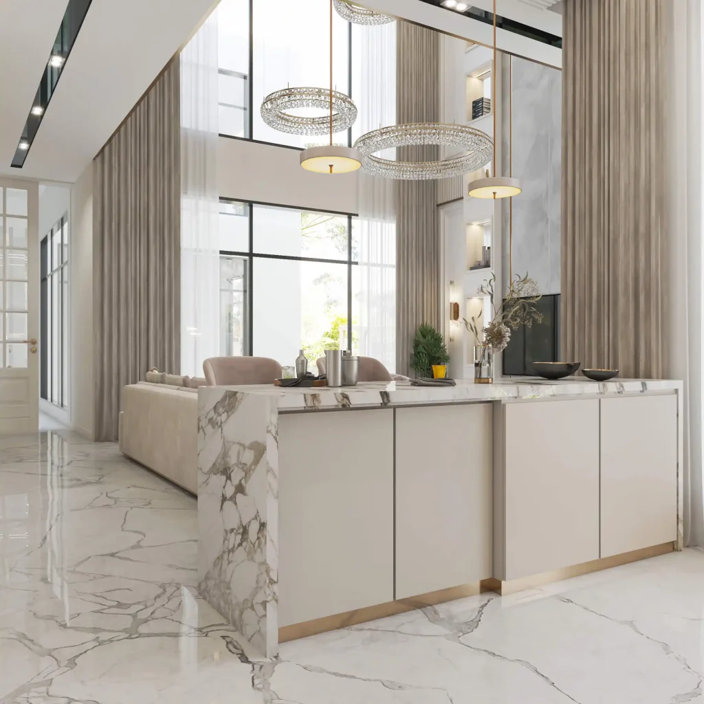 تصميم داخلى فيلا فى السعودية طابق ارضى -مطبخ امريكان