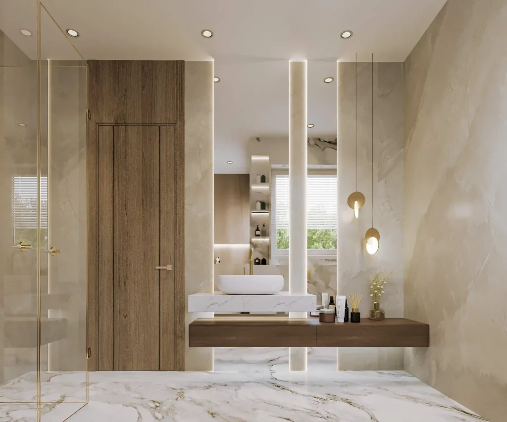 تصميم داخلى فيلا فى السعودية طابق ملحق - دورة مياة غرفة ماستر مغسلة