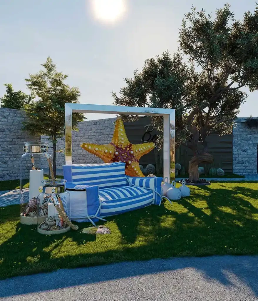 تصميم لاند سكيب حديث لحديقة مع محلات سمك